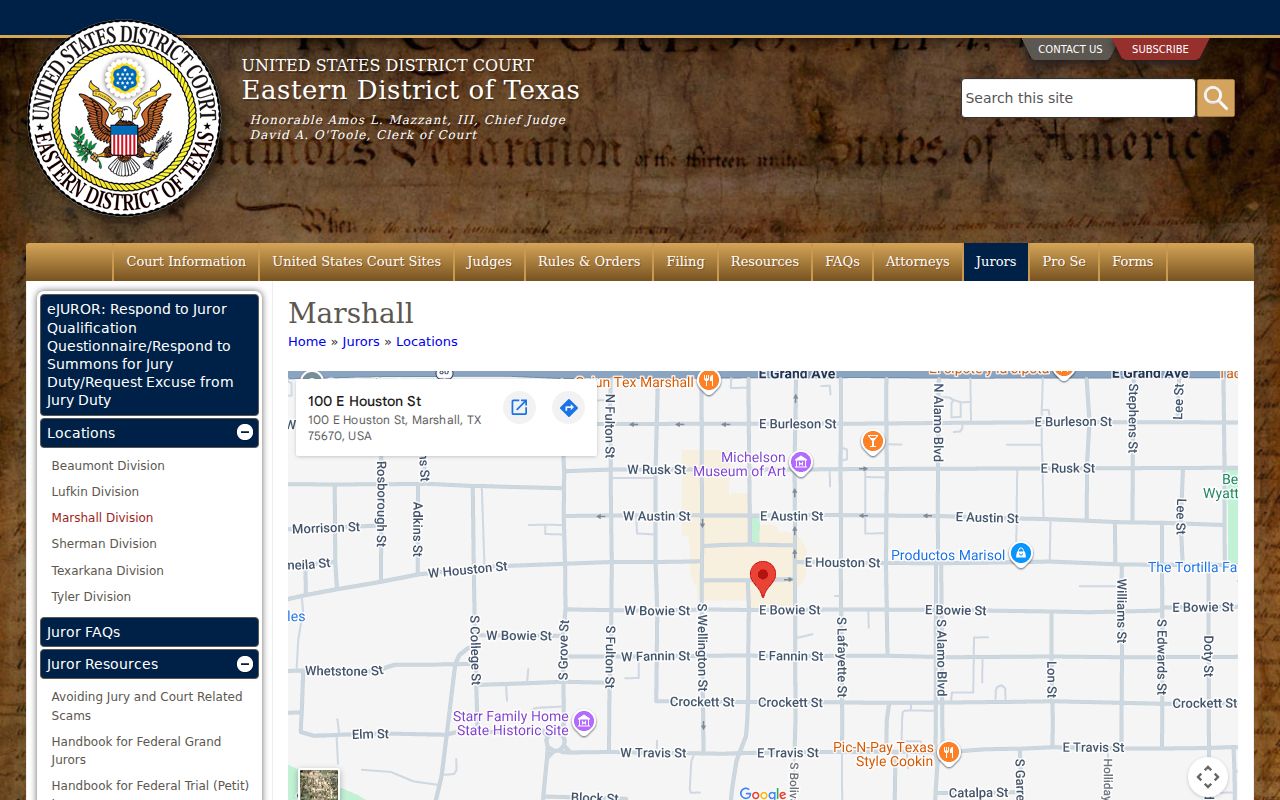 Cass County arrest warrant reference, Marshall Division federal courthouse information