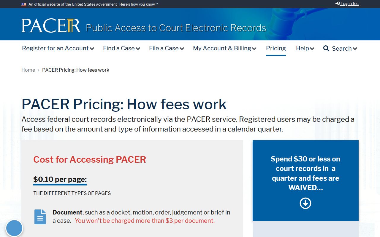Cass County arrest warrant reference, federal PACER access and pricing page