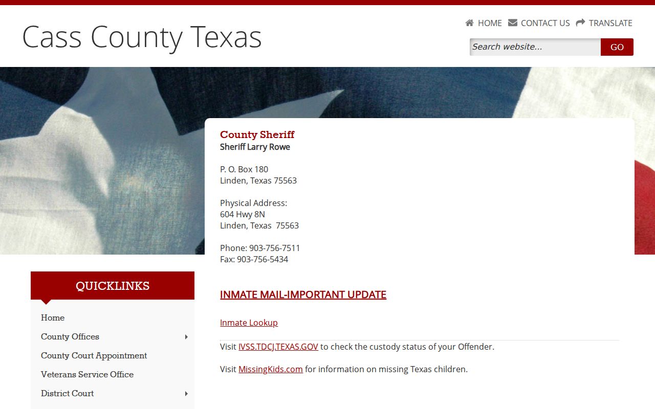 Cass County warrant records reference, official sheriff contact page