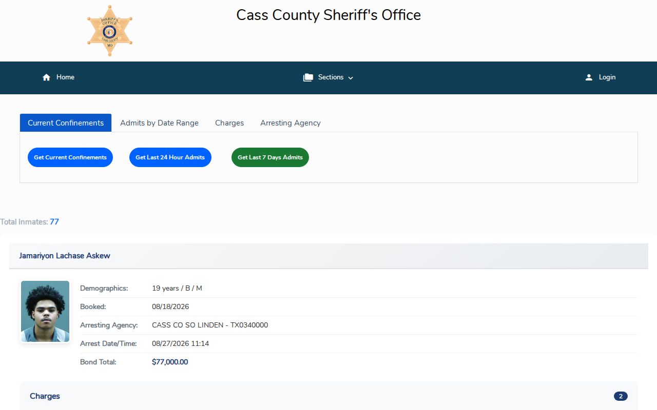 Cass County warrant search reference, Citizen Connect custody interface